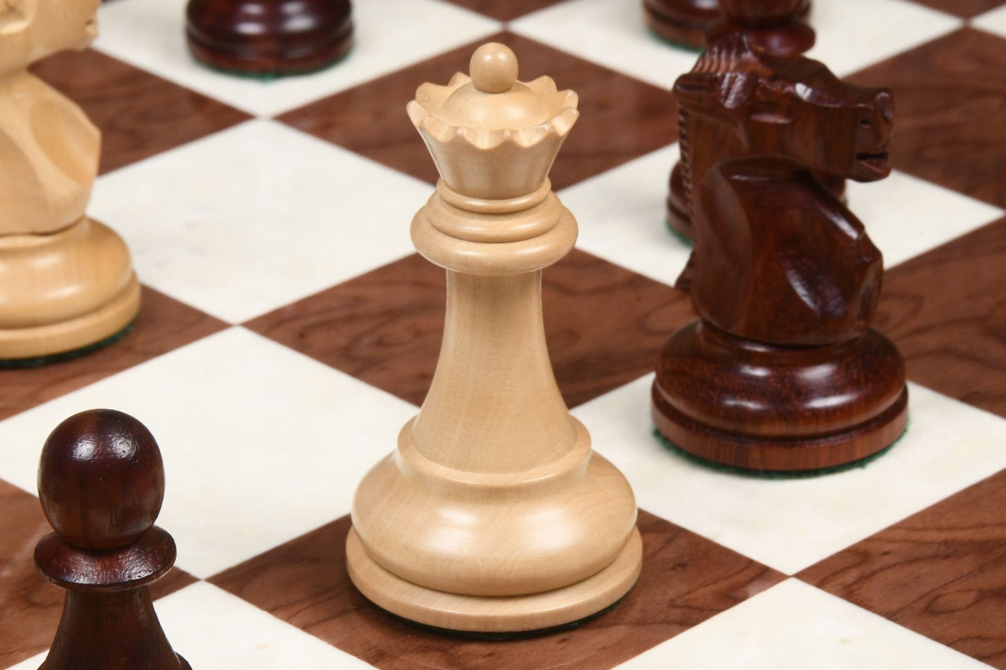 Combo of 1972 Reproduced Fischer-Spassky Staunton Pattern Chess Pieces V2.0 in Bud Rosewood & Boxwood - 3.75" King with Chess Board