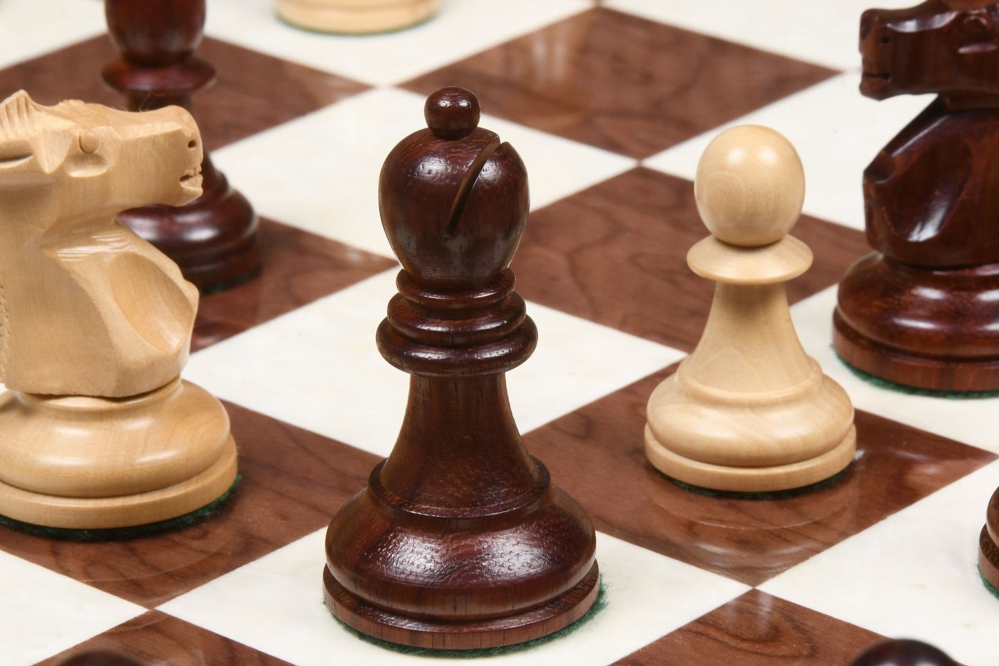 Combo of 1972 Reproduced Fischer-Spassky Staunton Pattern Chess Pieces V2.0 in Bud Rosewood & Boxwood - 3.75" King with Chess Board
