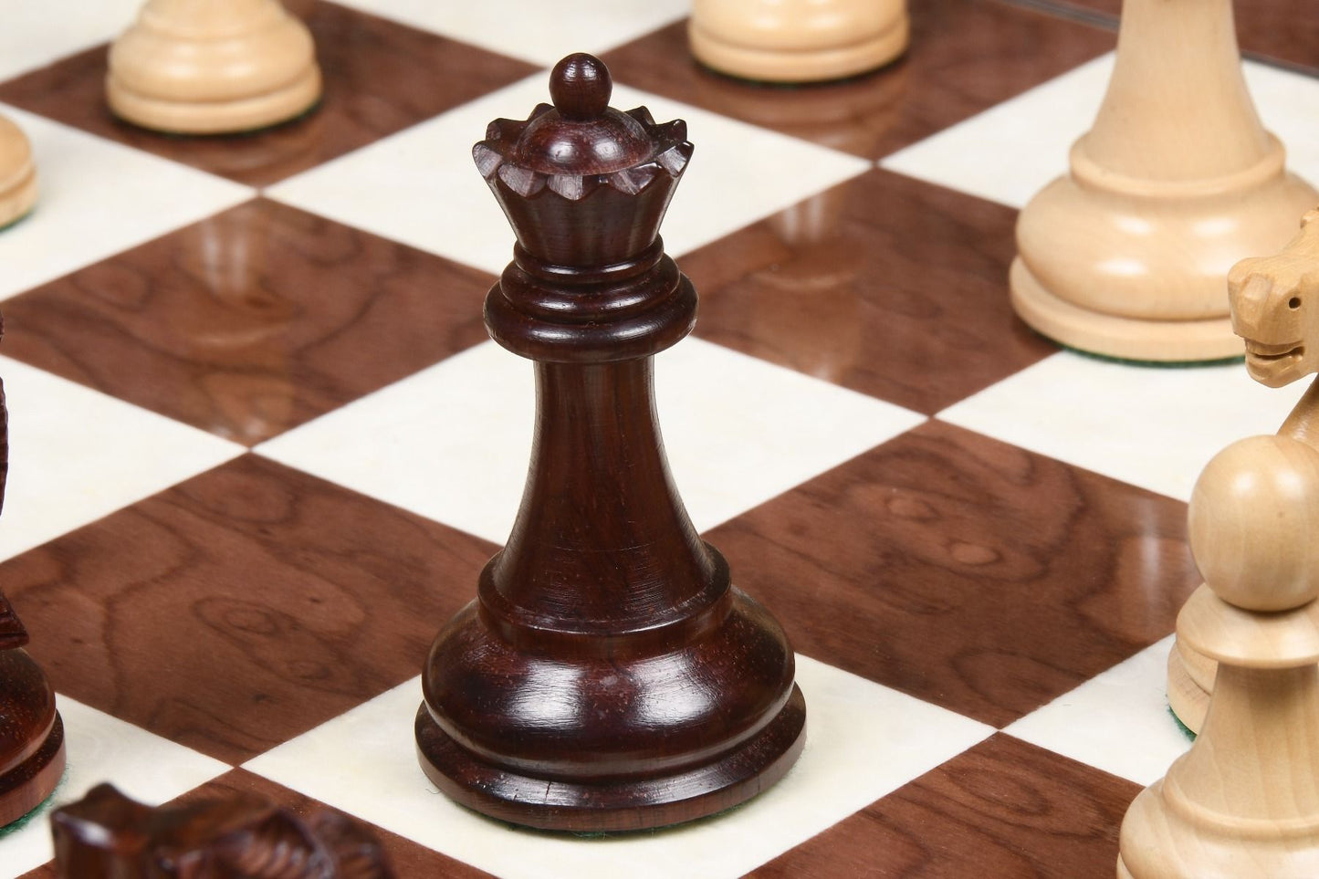 Combo of 1972 Reproduced Fischer-Spassky Staunton Pattern Chess Pieces V2.0 in Bud Rosewood & Boxwood - 3.75" King with Chess Board