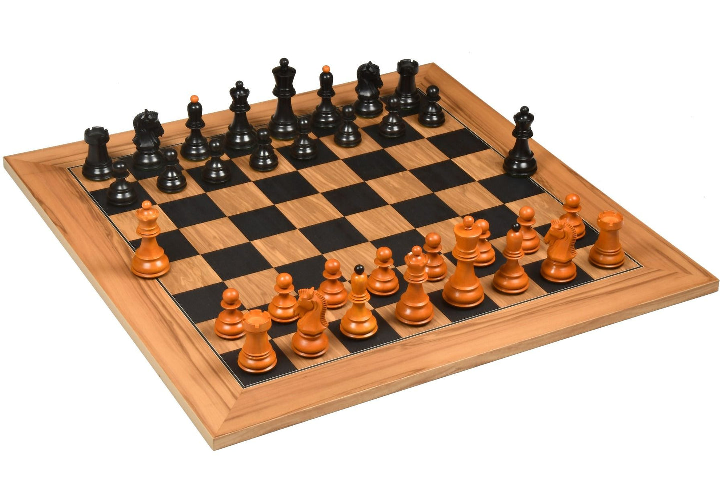 Combo of 1950 Reproduced Dubrovnik Bobby Fischer Chessmen Version 3.0 in Ebonized & Antiqued boxwood - 3.7" King with Wooden Chess Board 22" - 55 mm