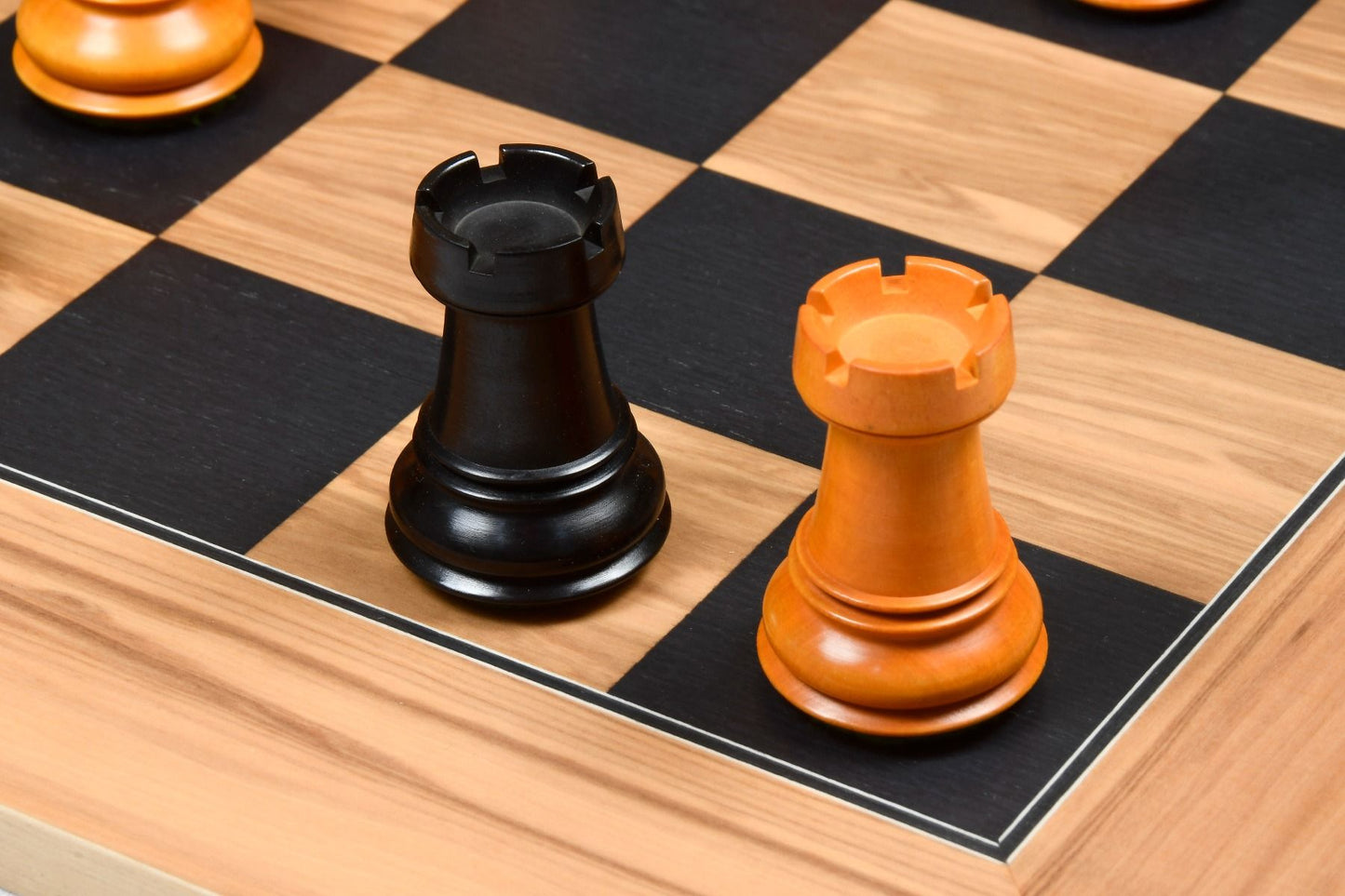 Combo of 1950 Reproduced Dubrovnik Bobby Fischer Chessmen Version 3.0 in Ebonized & Antiqued boxwood - 3.7" King with Wooden Chess Board 22" - 55 mm