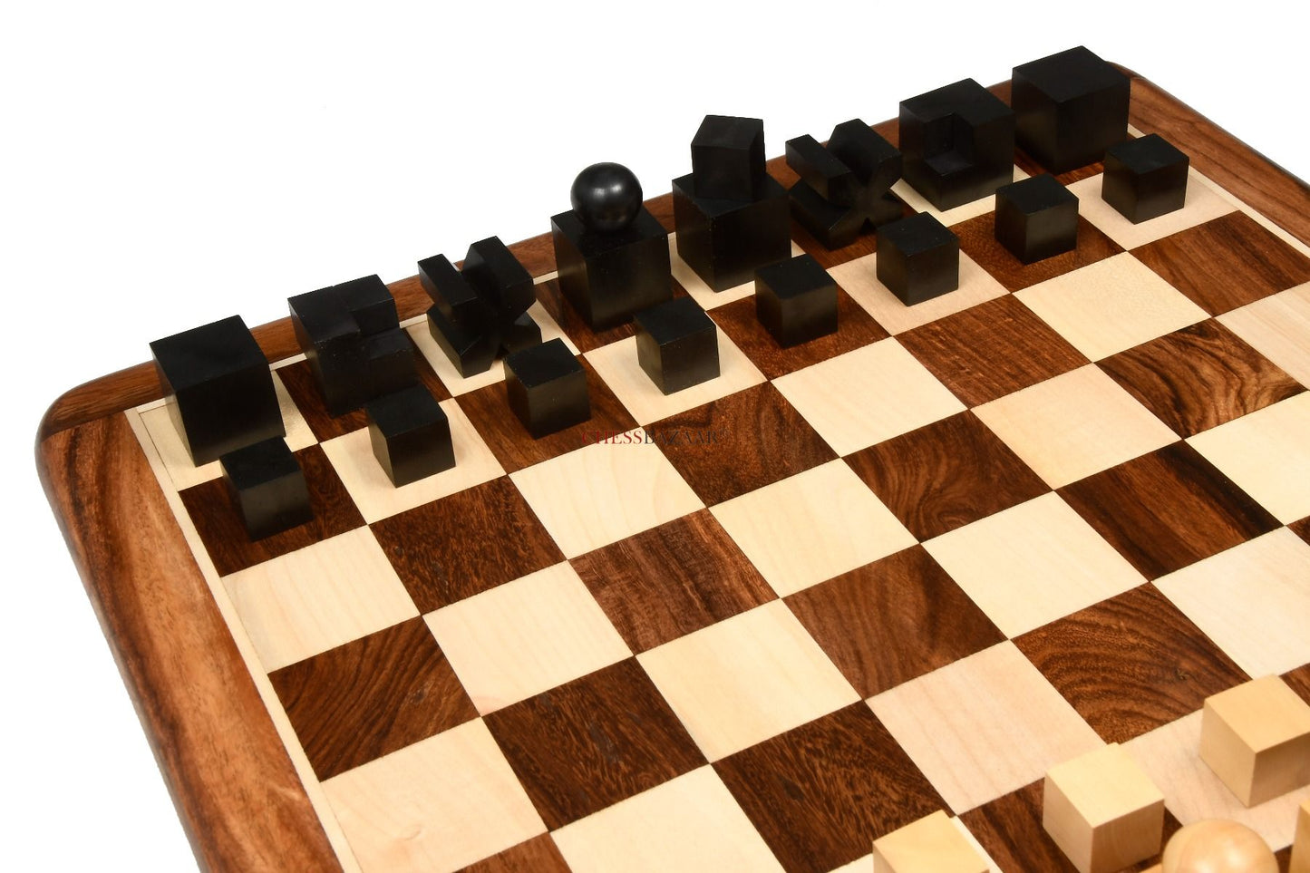 Combo of Reproduced 1924 Bauhaus Geometrical Abstract Chessmen in Ebonized Boxwood - 1.9" King with Wooden Chess Board