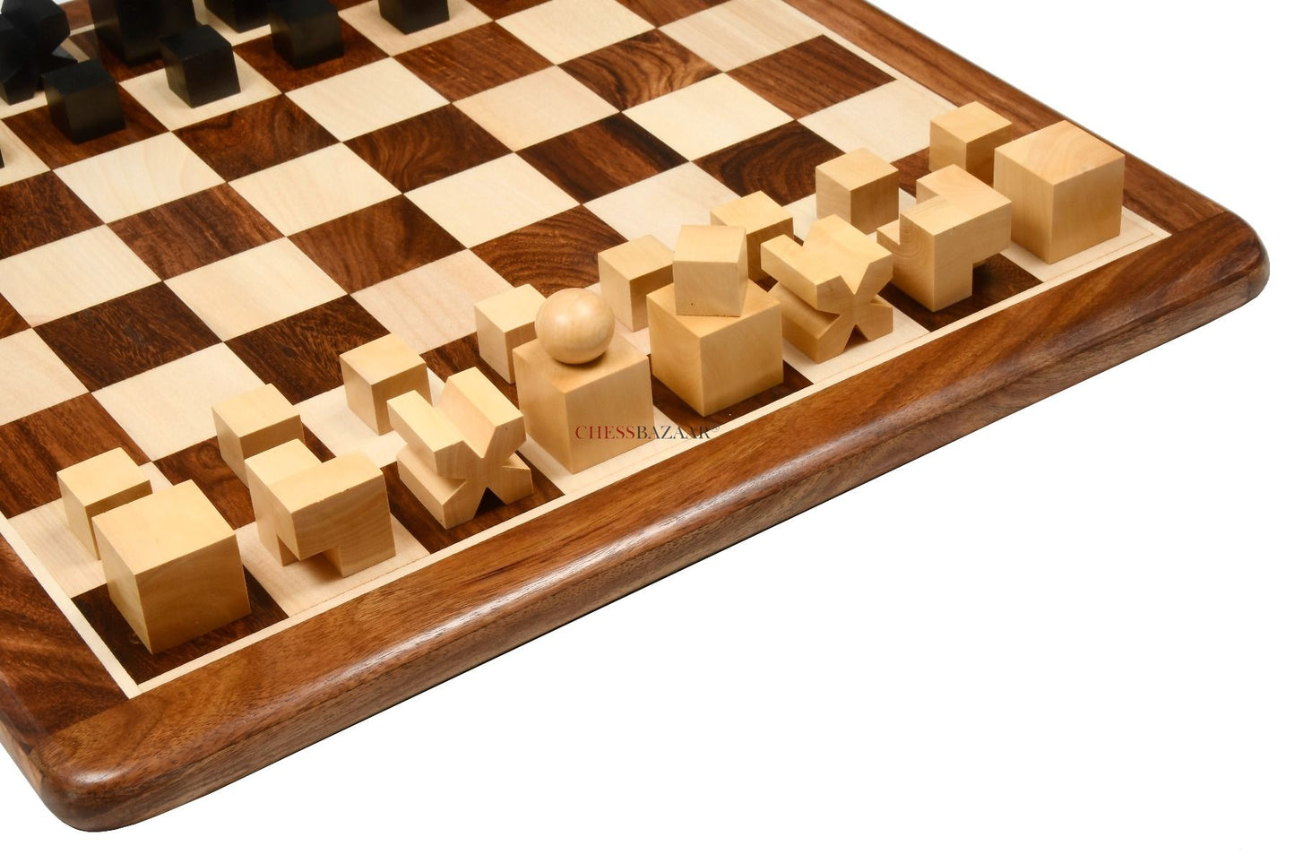 Combo of Reproduced 1924 Bauhaus Geometrical Abstract Chessmen in Ebonized Boxwood - 1.9" King with Wooden Chess Board
