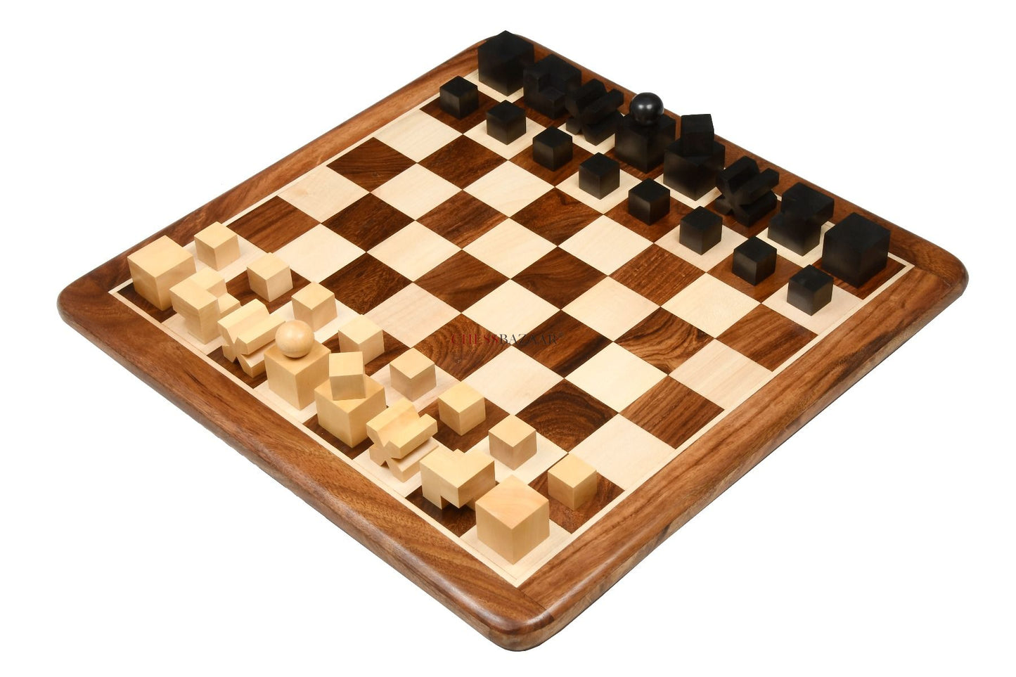 Combo of Reproduced 1924 Bauhaus Geometrical Abstract Chessmen in Ebonized Boxwood - 1.9" King with Wooden Chess Board