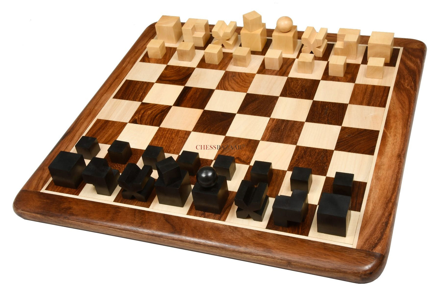 Combo of Reproduced 1924 Bauhaus Geometrical Abstract Chessmen in Ebonized Boxwood - 1.9" King with Wooden Chess Board