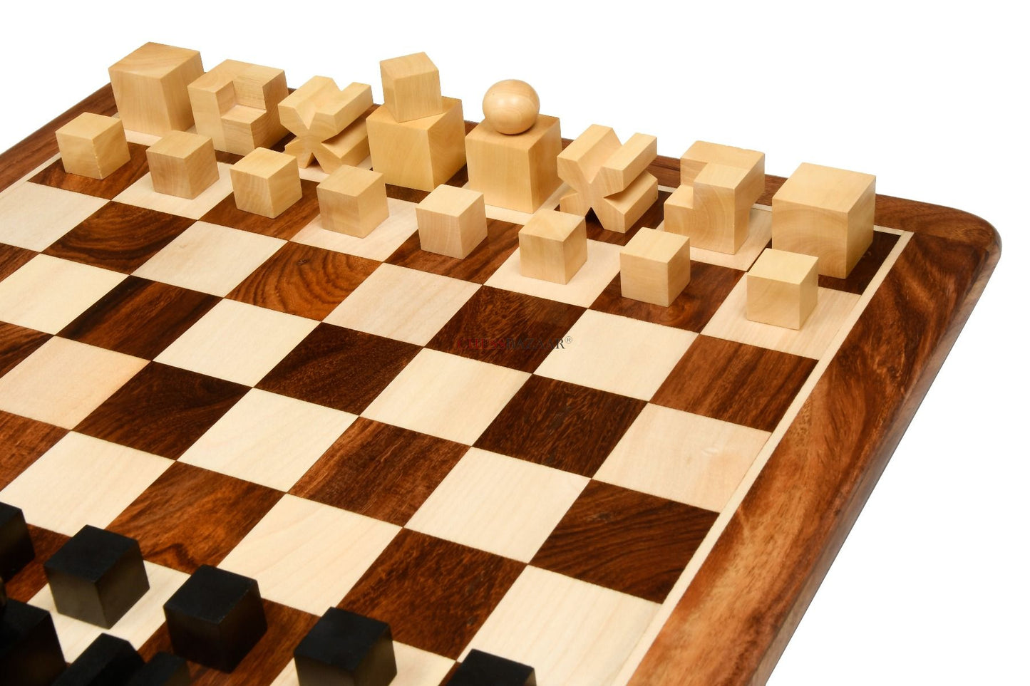 Combo of Reproduced 1924 Bauhaus Geometrical Abstract Chessmen in Ebonized Boxwood - 1.9" King with Wooden Chess Board