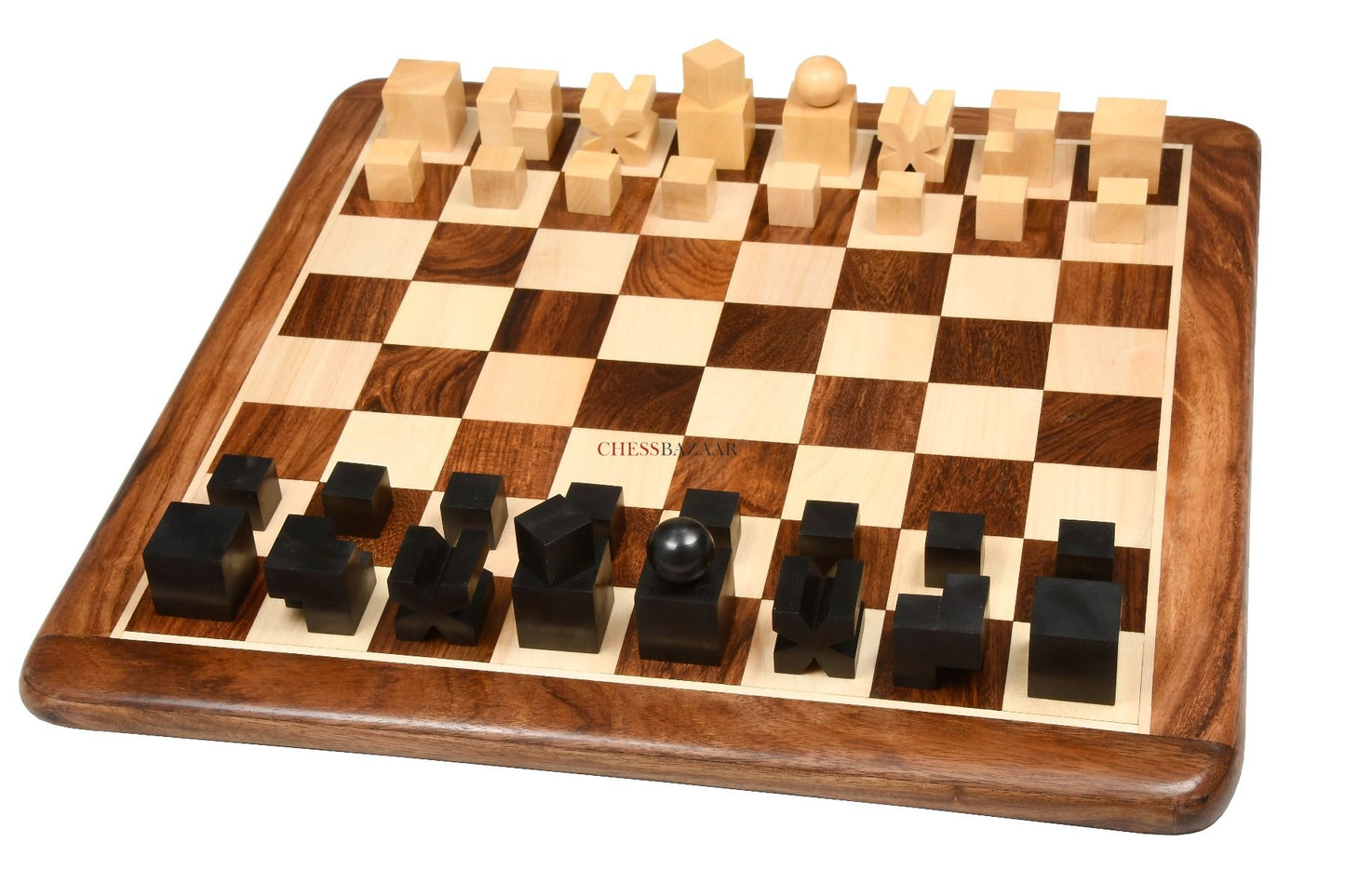 Combo of Reproduced 1924 Bauhaus Geometrical Abstract Chessmen in Ebonized Boxwood - 1.9" King with Wooden Chess Board