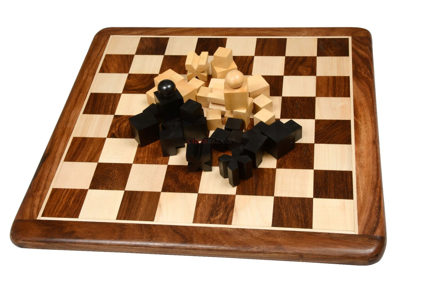 Combo of Reproduced 1924 Bauhaus Geometrical Abstract Chessmen in Ebonized Boxwood - 1.9" King with Wooden Chess Board