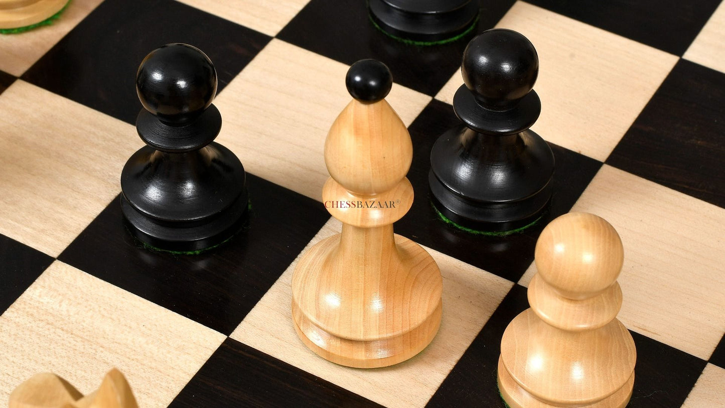 Combo of Reproduced Romanian-Hungarian National Tournament Chess Pieces in Ebonized & Natural Boxwood - 3.8" King with Wooden Chess Board
