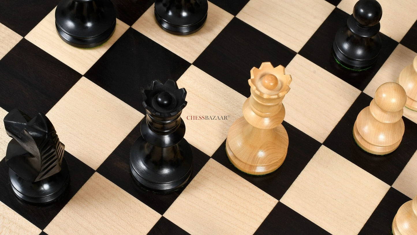 Combo of Reproduced Romanian-Hungarian National Tournament Chess Pieces in Ebonized & Natural Boxwood - 3.8" King with Wooden Chess Board