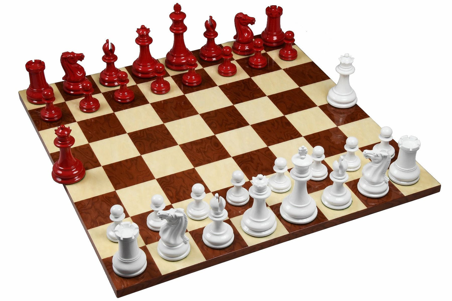 Combo of Reproduced 1849 Original Staunton Pattern Chess Pieces in Lacquer Finished Painted Crimson & Ivory White - 4.5" King with Red Ash Burl Maple Hi Gloss Finish Chess Board - 19"