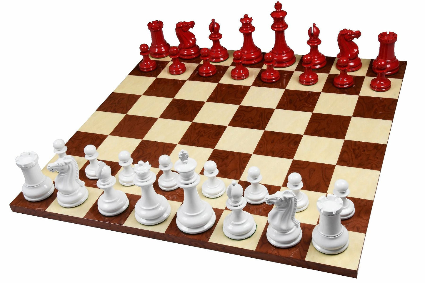 Combo of Reproduced 1849 Original Staunton Pattern Chess Pieces in Lacquer Finished Painted Crimson & Ivory White - 4.5" King with Red Ash Burl Maple Hi Gloss Finish Chess Board - 19"