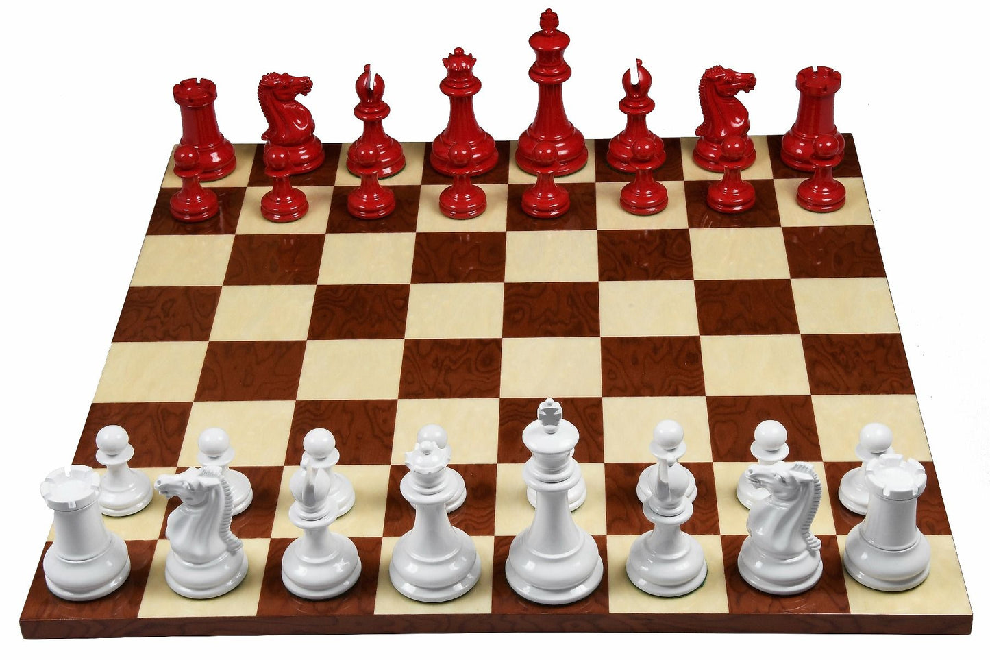 Combo of Reproduced 1849 Original Staunton Pattern Chess Pieces in Lacquer Finished Painted Crimson & Ivory White - 4.5" King with Red Ash Burl Maple Hi Gloss Finish Chess Board - 19"