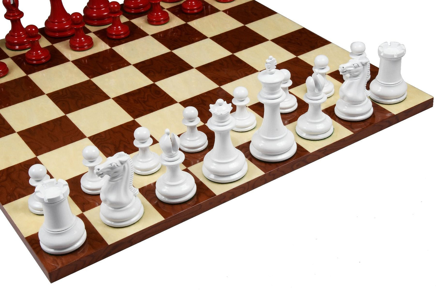 Combo of Reproduced 1849 Original Staunton Pattern Chess Pieces in Lacquer Finished Painted Crimson & Ivory White - 4.5" King with Red Ash Burl Maple Hi Gloss Finish Chess Board - 19"