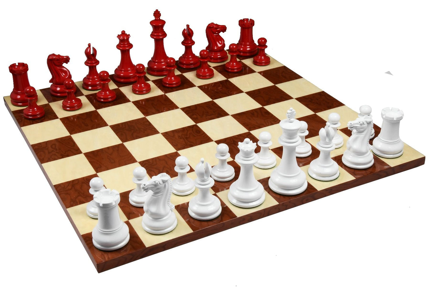 Combo of Reproduced 1849 Original Staunton Pattern Chess Pieces in Lacquer Finished Painted Crimson & Ivory White - 4.5" King with Red Ash Burl Maple Hi Gloss Finish Chess Board - 19"