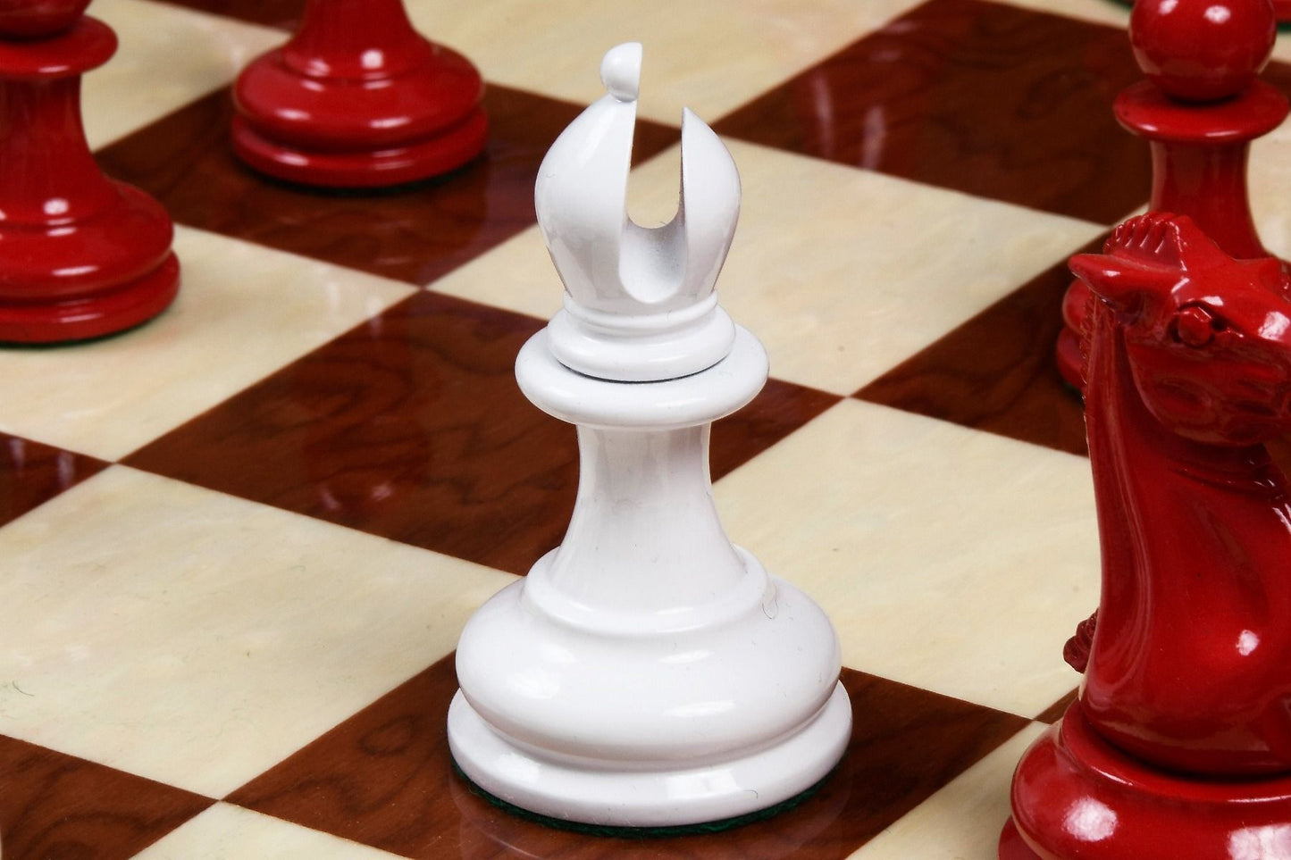 Combo of Reproduced 1849 Original Staunton Pattern Chess Pieces in Lacquer Finished Painted Crimson & Ivory White - 4.5" King with Red Ash Burl Maple Hi Gloss Finish Chess Board - 19"