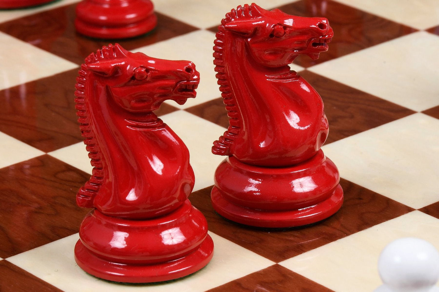 Combo of Reproduced 1849 Original Staunton Pattern Chess Pieces in Lacquer Finished Painted Crimson & Ivory White - 4.5" King with Red Ash Burl Maple Hi Gloss Finish Chess Board - 19"