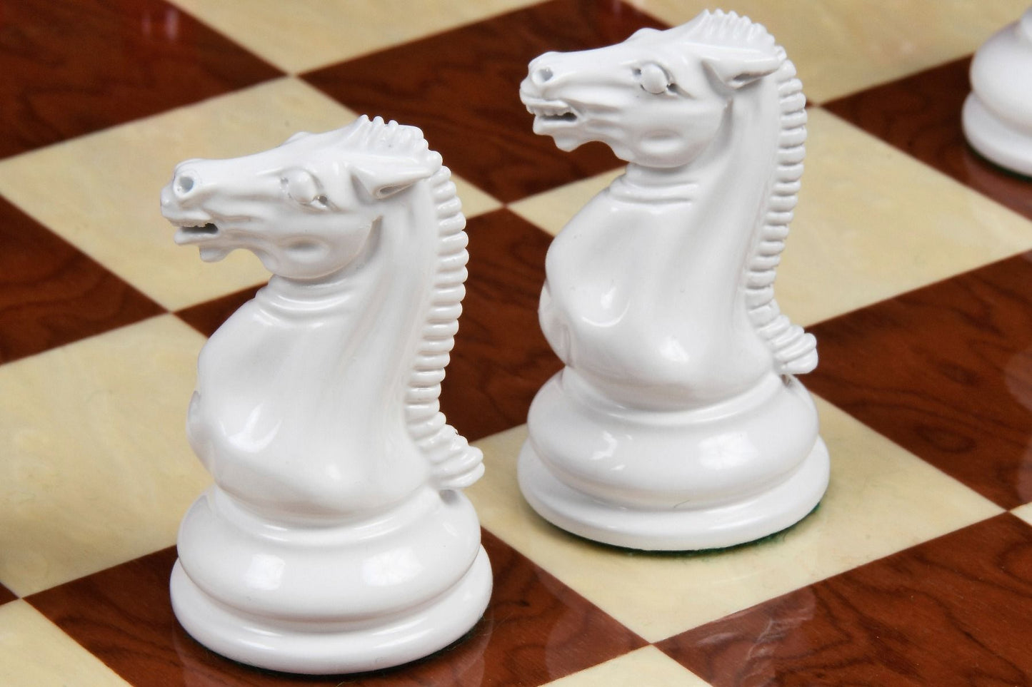 Combo of Reproduced 1849 Original Staunton Pattern Chess Pieces in Lacquer Finished Painted Crimson & Ivory White - 4.5" King with Red Ash Burl Maple Hi Gloss Finish Chess Board - 19"