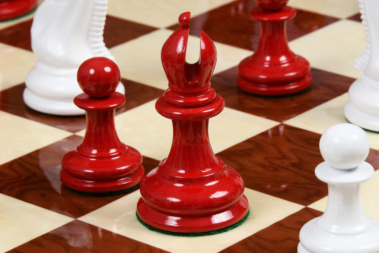 Combo of Reproduced 1849 Original Staunton Pattern Chess Pieces in Lacquer Finished Painted Crimson & Ivory White - 4.5" King with Red Ash Burl Maple Hi Gloss Finish Chess Board - 19"