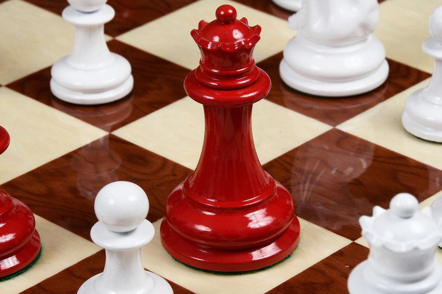 Combo of Reproduced 1849 Original Staunton Pattern Chess Pieces in Lacquer Finished Painted Crimson & Ivory White - 4.5" King with Red Ash Burl Maple Hi Gloss Finish Chess Board - 19"