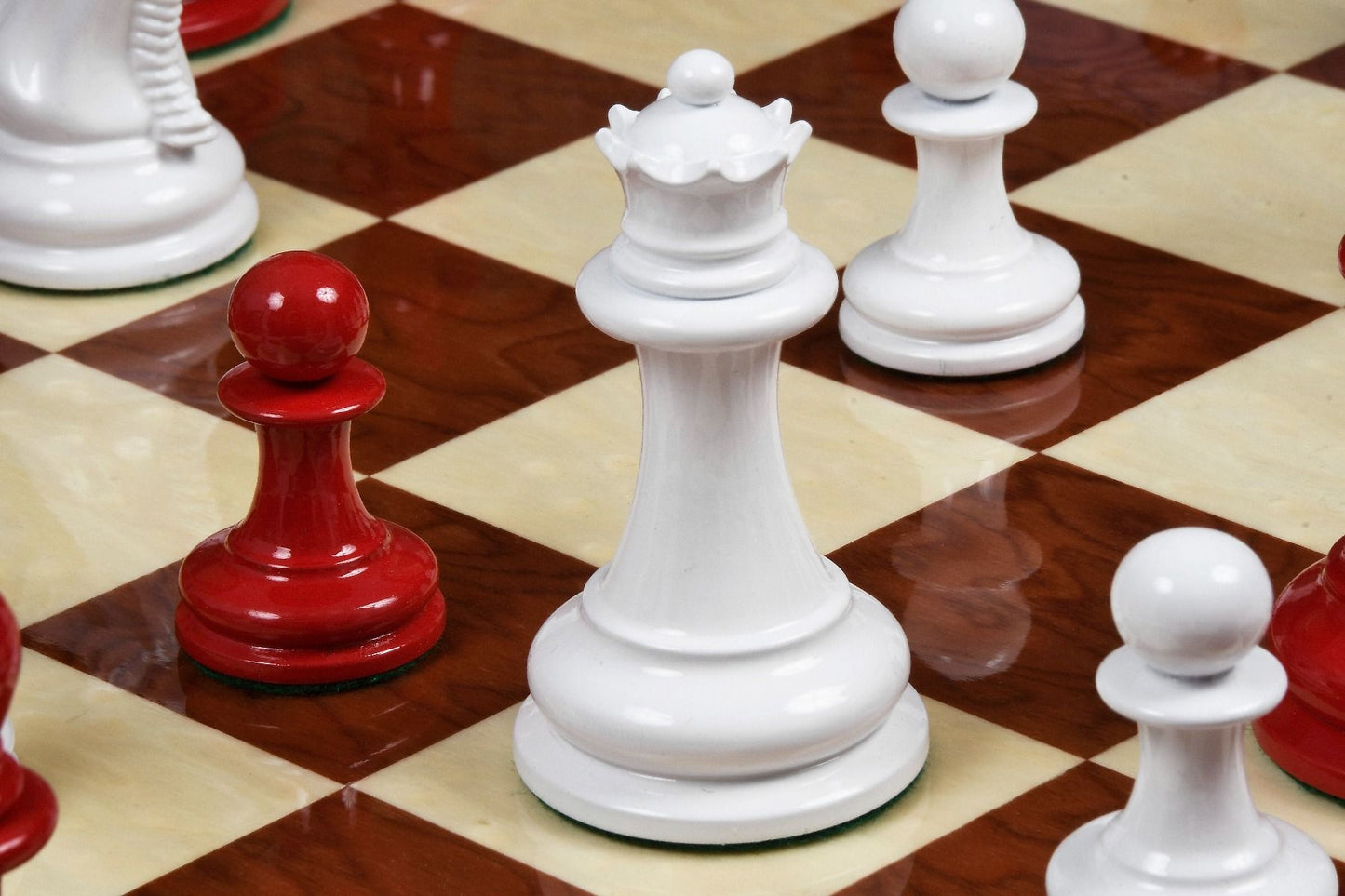 Combo of Reproduced 1849 Original Staunton Pattern Chess Pieces in Lacquer Finished Painted Crimson & Ivory White - 4.5" King with Red Ash Burl Maple Hi Gloss Finish Chess Board - 19"