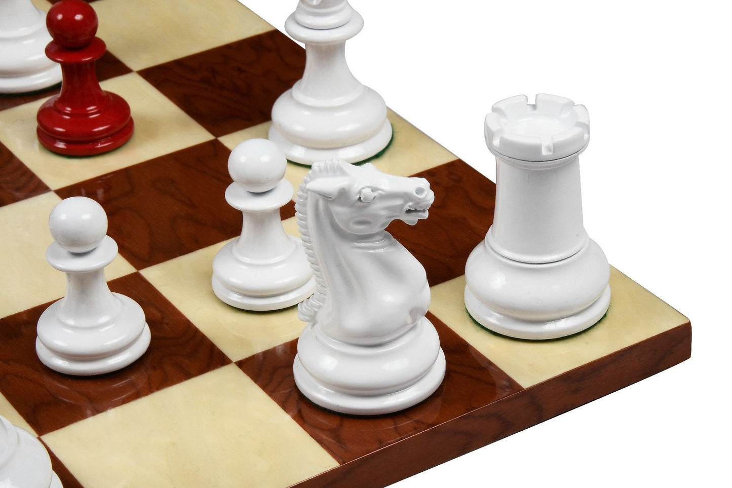 Combo of Reproduced 1849 Original Staunton Pattern Chess Pieces in Lacquer Finished Painted Crimson & Ivory White - 4.5" King with Red Ash Burl Maple Hi Gloss Finish Chess Board - 19"