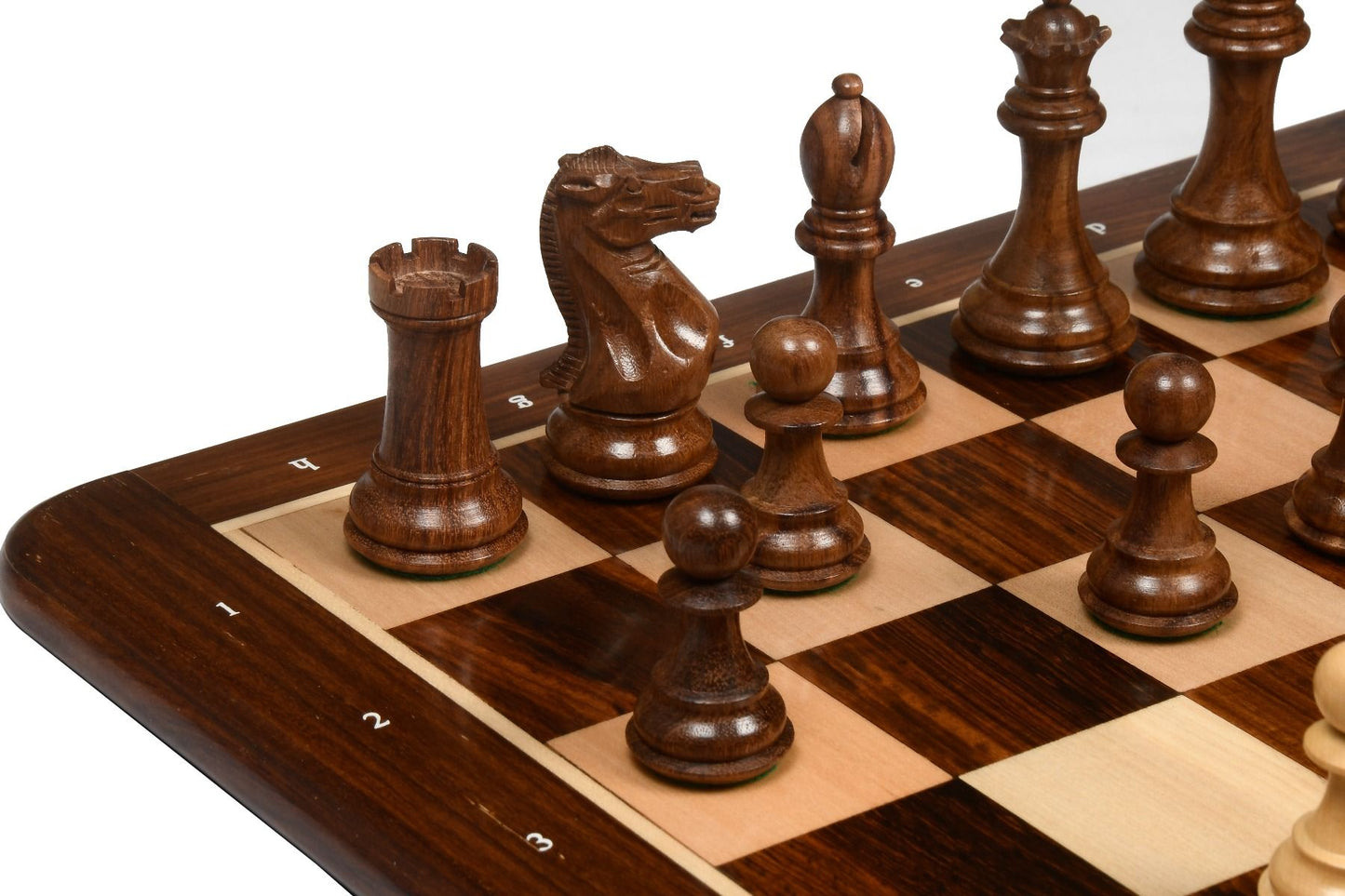 Staunton pattern chess pieces in Sheesham  with notations wooden chessboard
