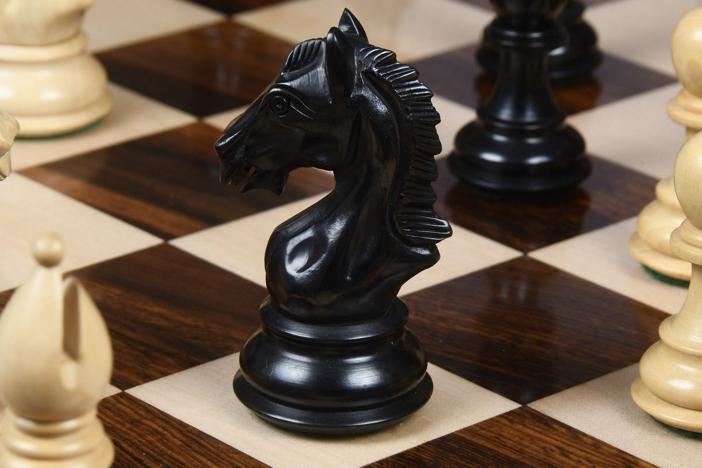 Derby Knight Chessmen in Ebonized Wood- 4.1" King with 21" Notation Board