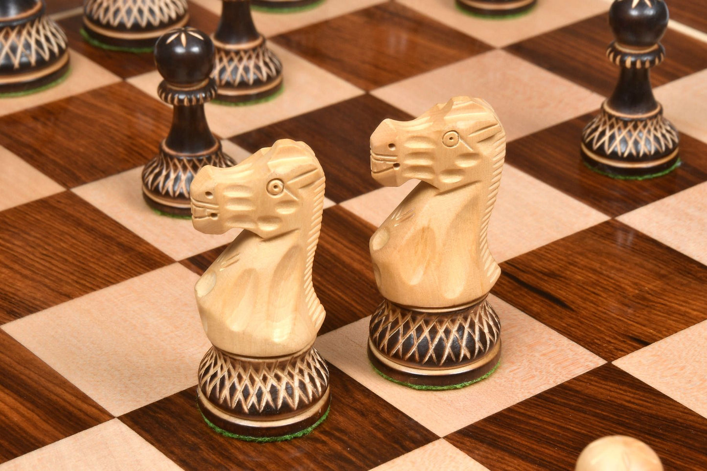 The Burnt Blazed Handcarved Pieces in Burnt Boxwood - 3.8" King with Board