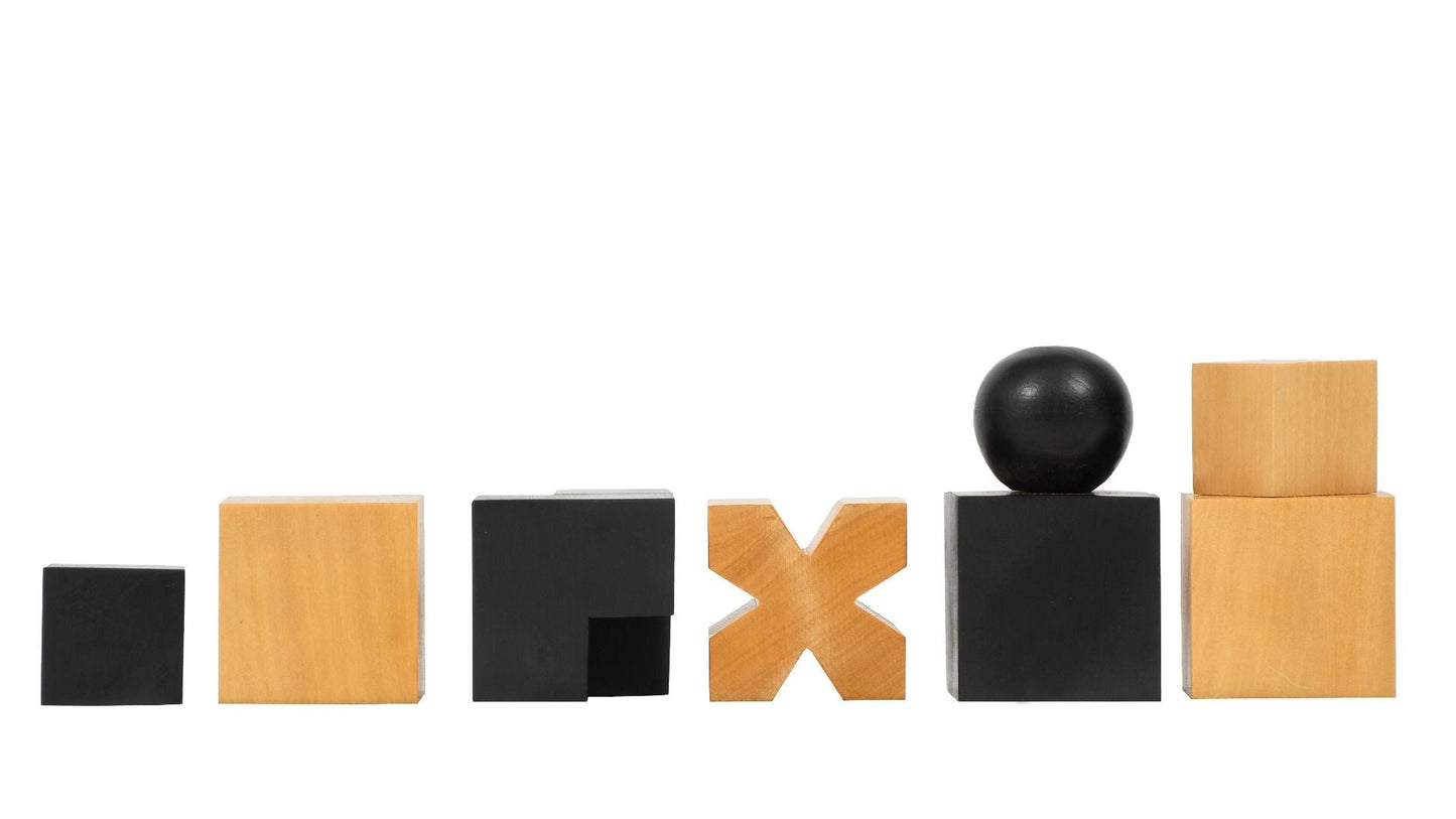 Combo of Reproduced 1924 Bauhaus Geometrical Abstract Chessmen in Ebonized Boxwood - 1.9" King with Wooden Chess Board