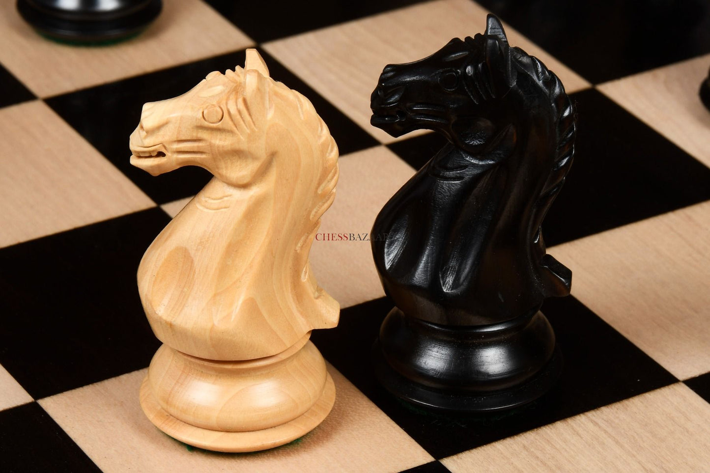 Combo of The Fierce Knight Staunton Wooden Chess Pieces in Ebonized Boxwood & Box Wood - 4.0" King with Storage Box and Wooden Chess Board - 21"