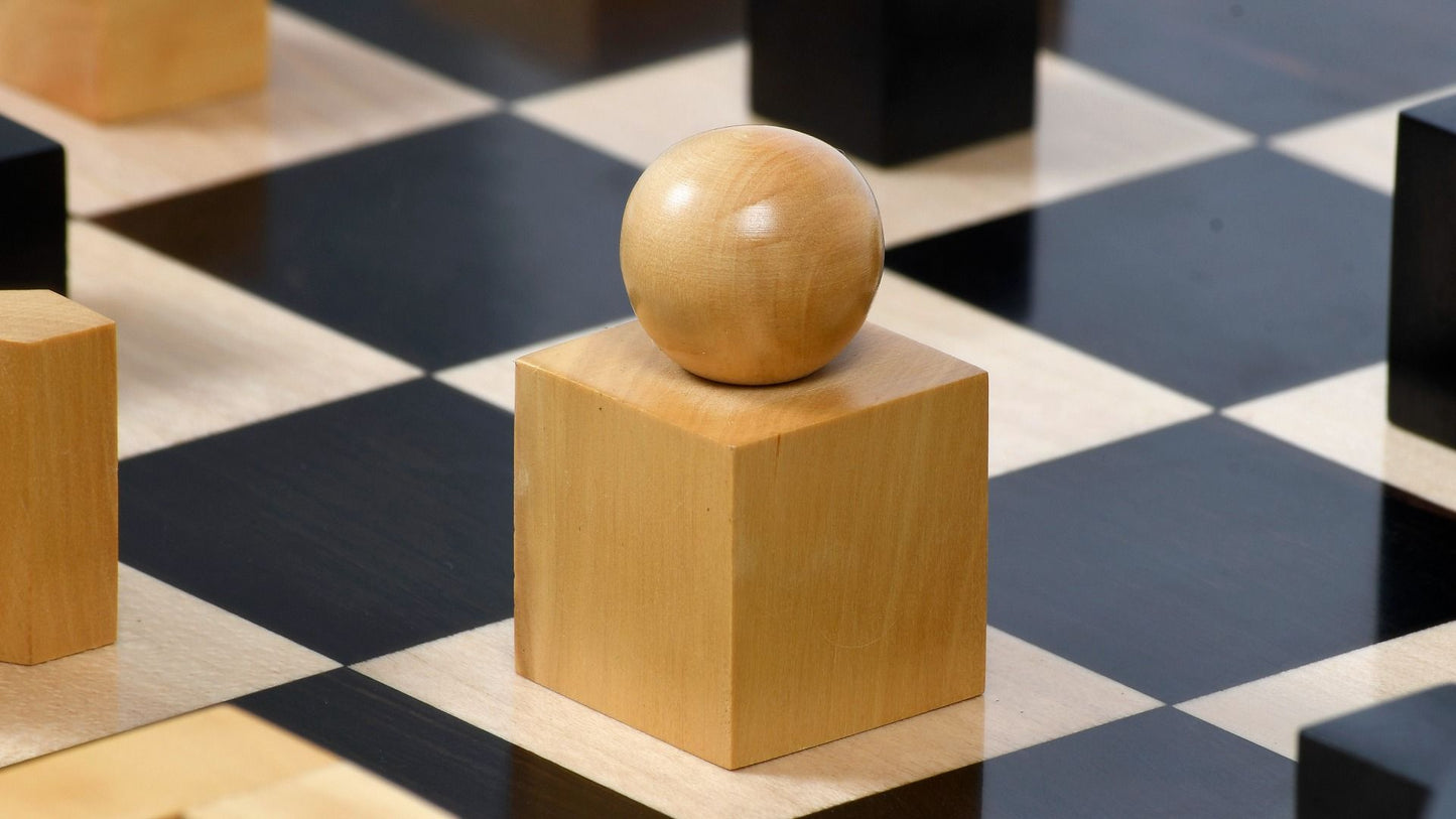 Combo of Reproduced 1924 Bauhaus Geometrical Abstract Chessmen in Ebonized Boxwood - 1.9" King with Wooden Chess Board