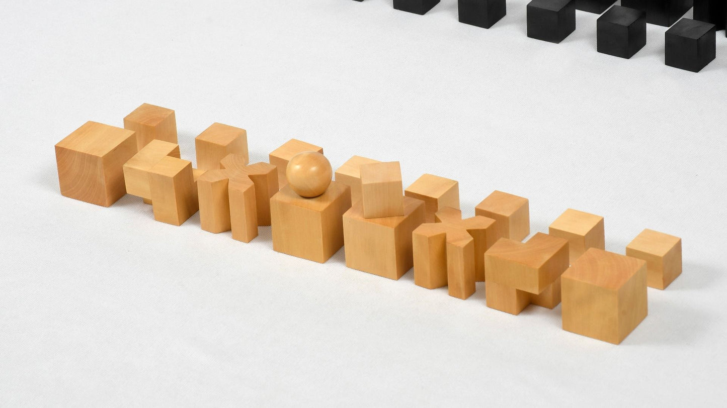Combo of Reproduced 1924 Bauhaus Geometrical Abstract Chessmen in Ebonized Boxwood - 1.9" King with Wooden Chess Board