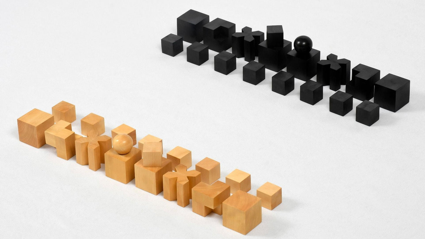 Combo of Reproduced 1924 Bauhaus Geometrical Abstract Chessmen in Ebonized Boxwood - 1.9" King with Wooden Chess Board