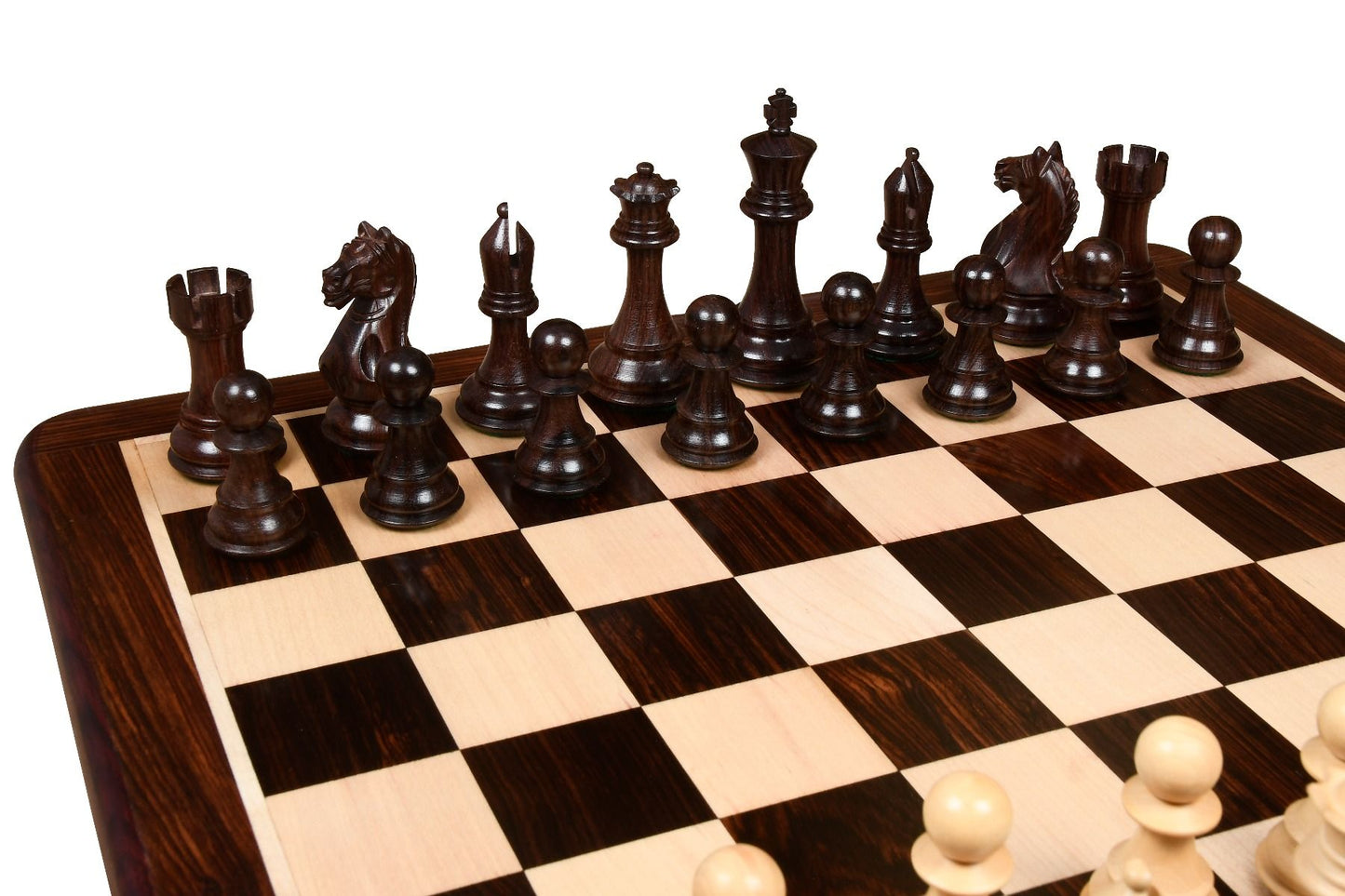 COMBO OF FIERCE KNIGHT STAUNTON SERIES CHESS PIECES IN ROSEWOOD & BOX WOOD - 4.1" KING WITH WOODEN CHESS BOARD -  21"