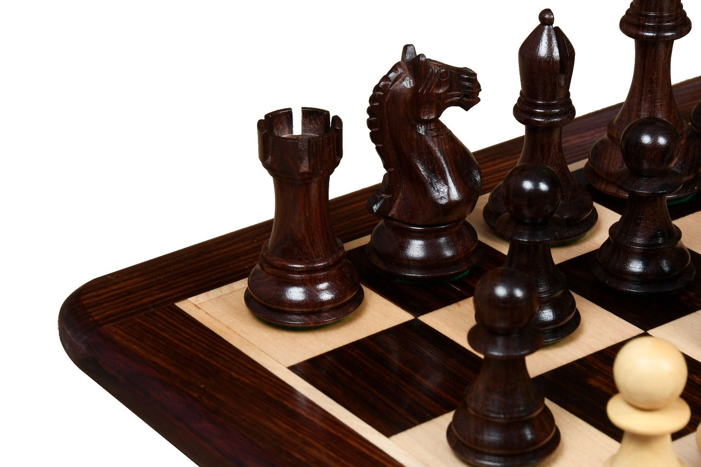 COMBO OF FIERCE KNIGHT STAUNTON SERIES CHESS PIECES IN ROSEWOOD & BOX WOOD - 4.1" KING WITH WOODEN CHESS BOARD -  21"