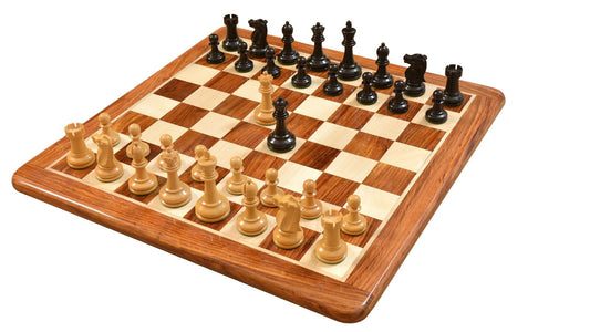 Combo of 1972 Reproduced Fischer-Spassky Staunton Pattern Chess Set V2.0 in Ebonized & Natural Boxwood with Chessboard - 3.75" King