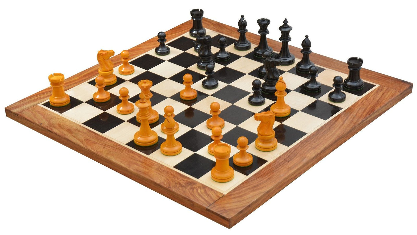 Combo of Reproduced 1904 Cambridge Springs International Congress Tournament Chess Pieces in Ebonized & Antiqued Boxwood - 4" King / Wooden Chess Board Ebony Sheesham Wood 23" - 60 mm