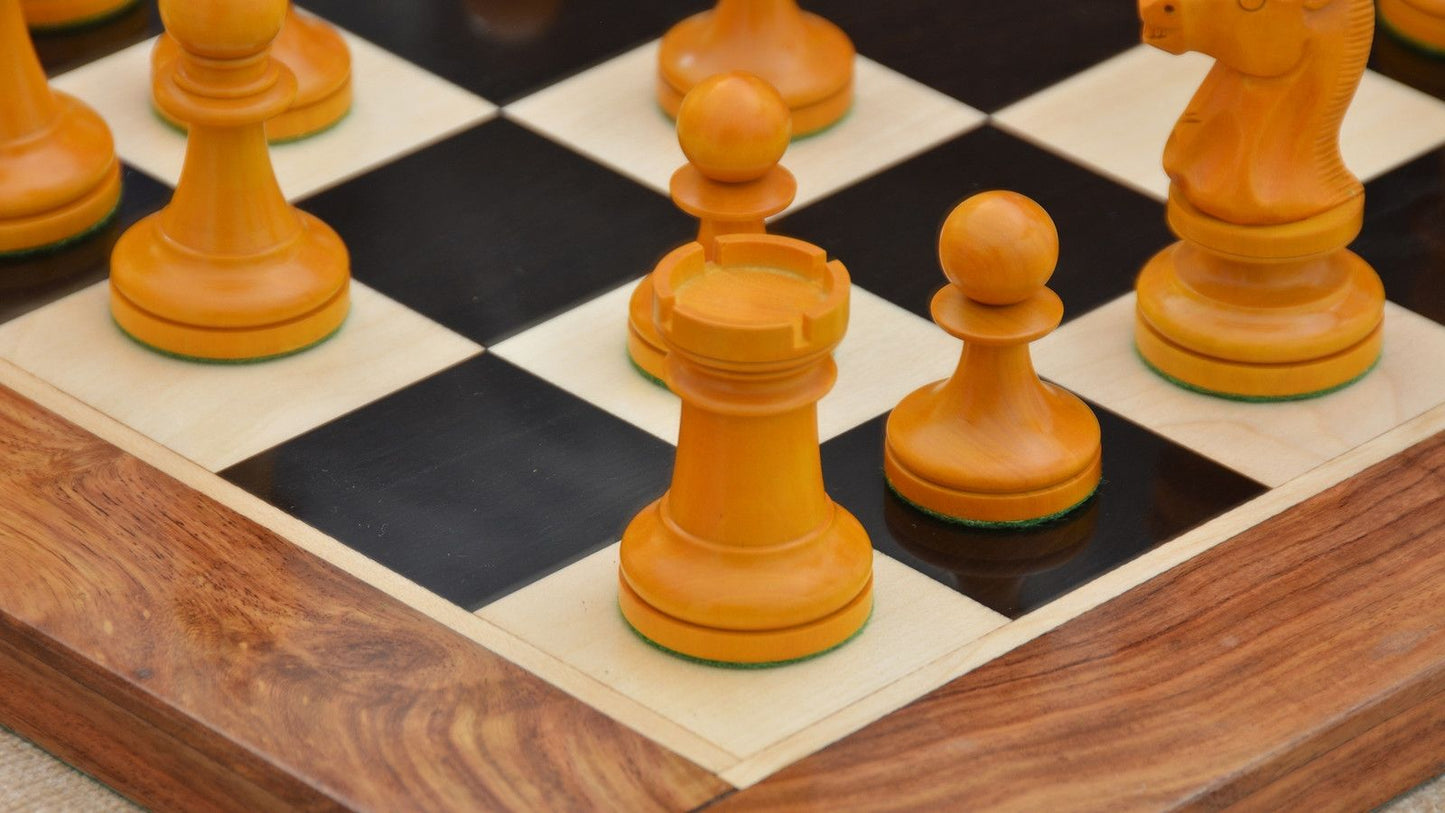 Combo of Reproduced 1904 Cambridge Springs International Congress Tournament Chess Pieces in Ebonized & Antiqued Boxwood - 4" King / Wooden Chess Board Ebony Sheesham Wood 23" - 60 mm