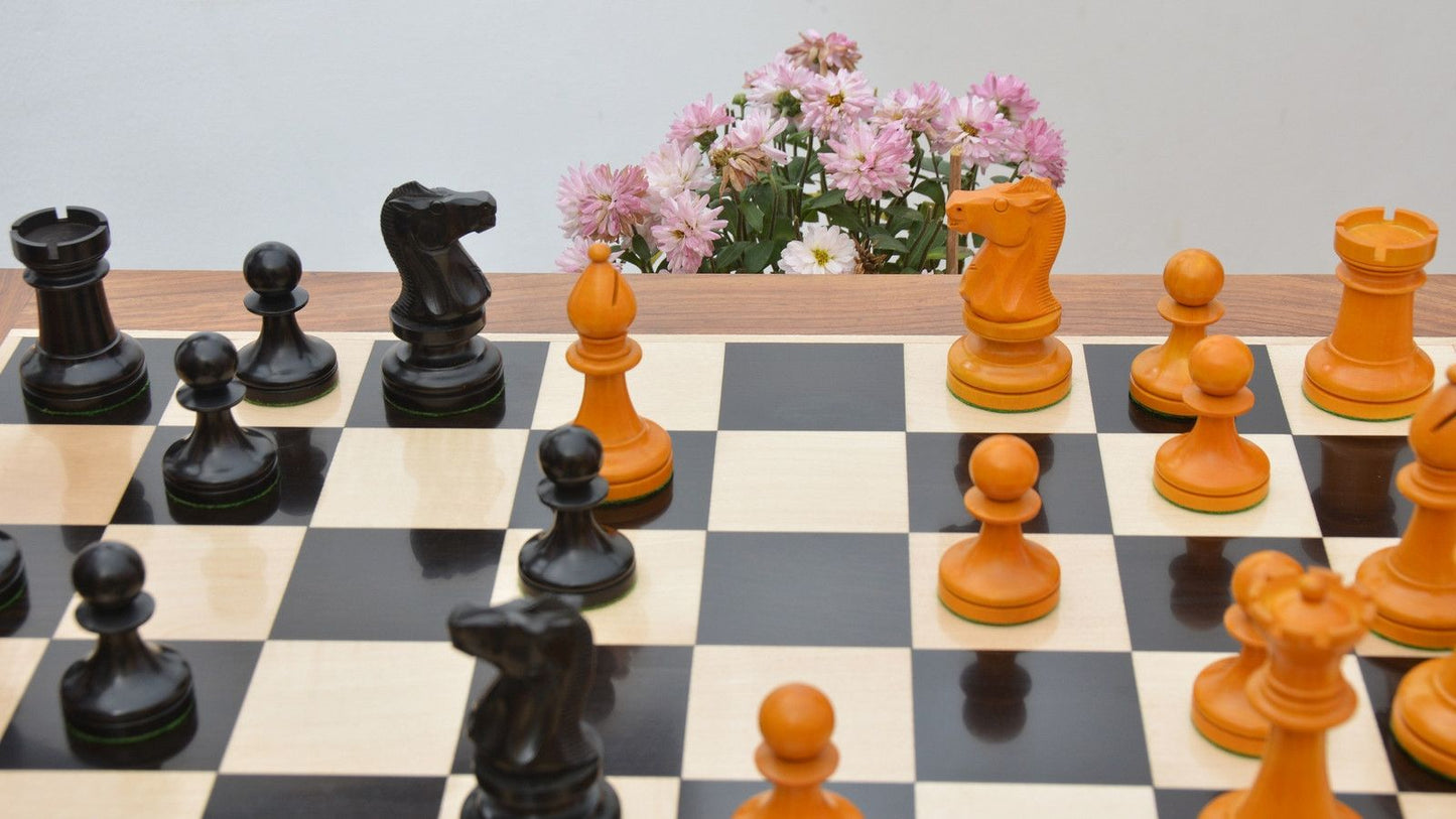 Combo of Reproduced 1904 Cambridge Springs International Congress Tournament Chess Pieces in Ebonized & Antiqued Boxwood - 4" King / Wooden Chess Board Ebony Sheesham Wood 23" - 60 mm