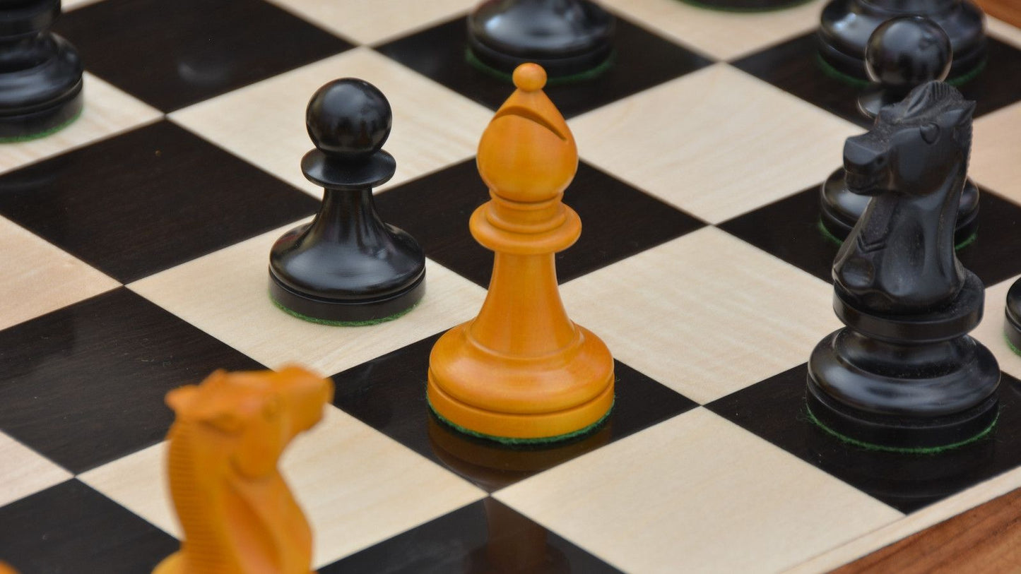 Combo of Reproduced 1904 Cambridge Springs International Congress Tournament Chess Pieces in Ebonized & Antiqued Boxwood - 4" King / Wooden Chess Board Ebony Sheesham Wood 23" - 60 mm