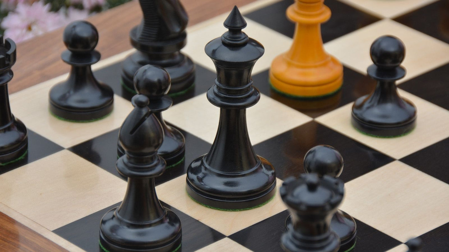 Combo of Reproduced 1904 Cambridge Springs International Congress Tournament Chess Pieces in Ebonized & Antiqued Boxwood - 4" King / Wooden Chess Board Ebony Sheesham Wood 23" - 60 mm