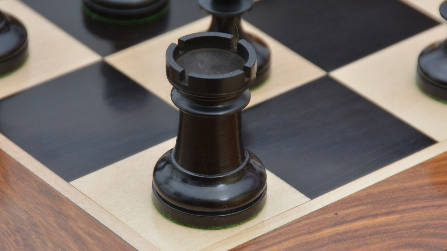 Combo of Reproduced 1904 Cambridge Springs International Congress Tournament Chess Pieces in Ebonized & Antiqued Boxwood - 4" King / Wooden Chess Board Ebony Sheesham Wood 23" - 60 mm