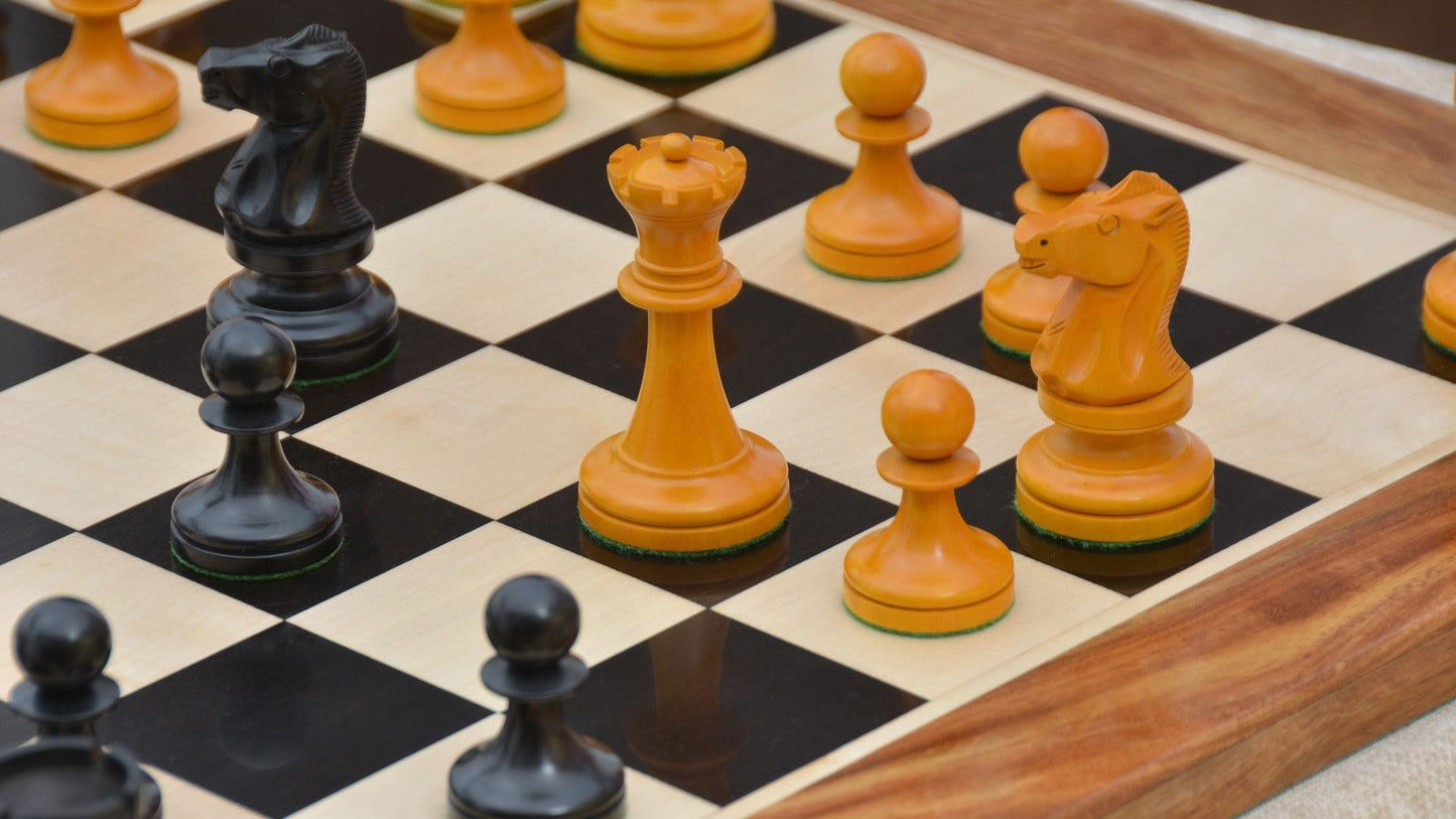 Combo of Reproduced 1904 Cambridge Springs International Congress Tournament Chess Pieces in Ebonized & Antiqued Boxwood - 4" King / Wooden Chess Board Ebony Sheesham Wood 23" - 60 mm