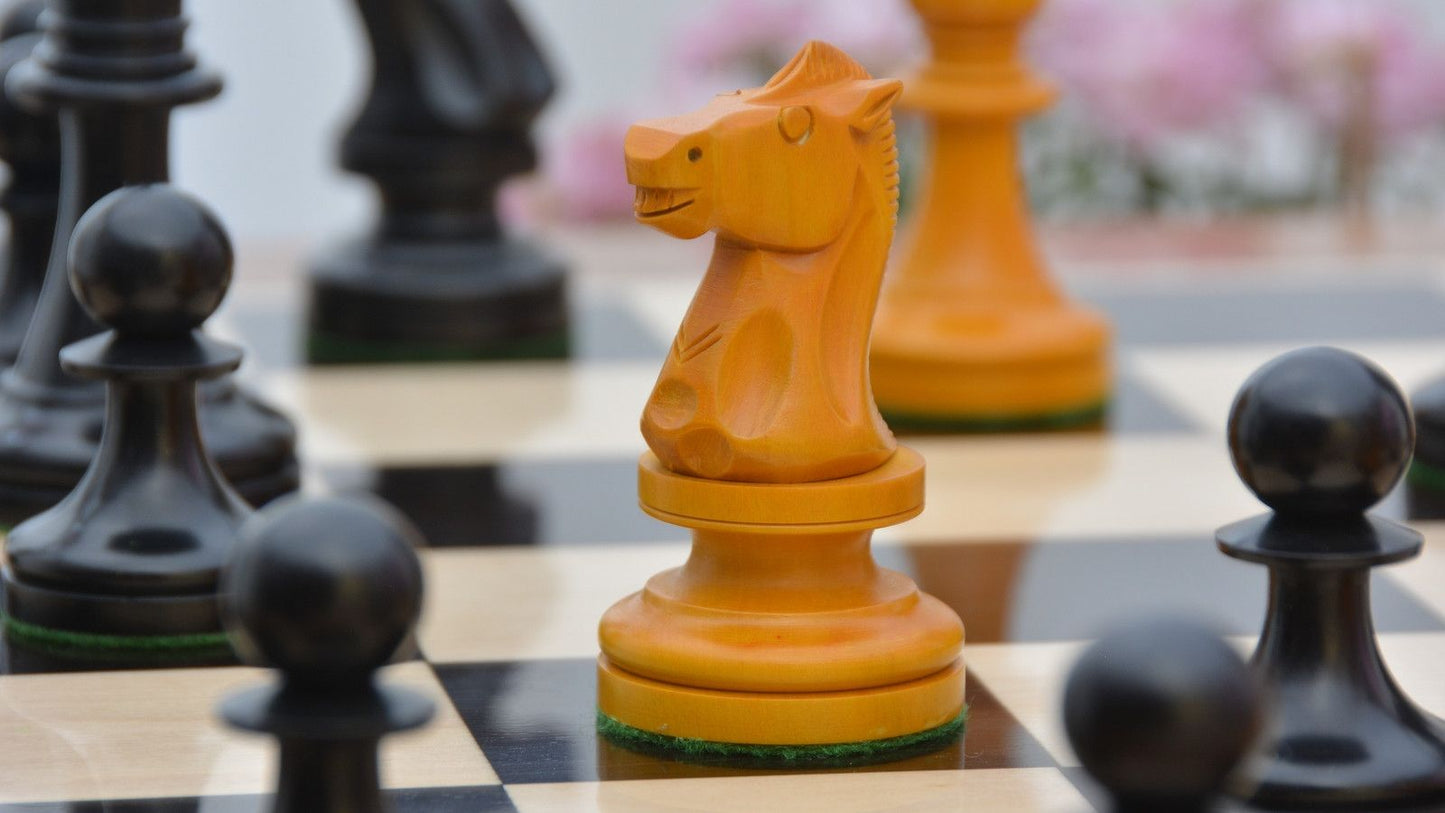 Combo of Reproduced 1904 Cambridge Springs International Congress Tournament Chess Pieces in Ebonized & Antiqued Boxwood - 4" King / Wooden Chess Board Ebony Sheesham Wood 23" - 60 mm