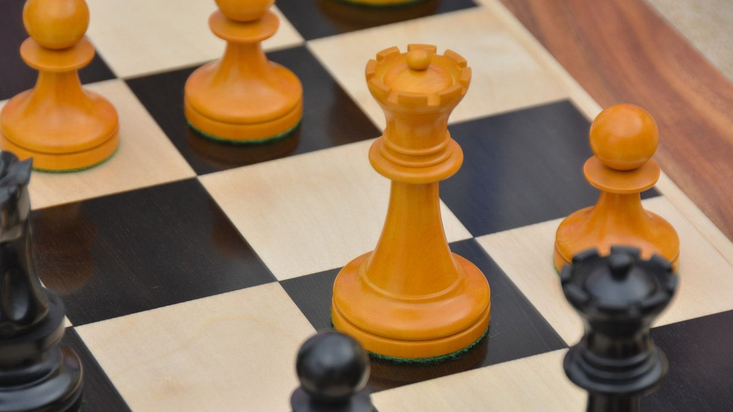 Combo of Reproduced 1904 Cambridge Springs International Congress Tournament Chess Pieces in Ebonized & Antiqued Boxwood - 4" King / Wooden Chess Board Ebony Sheesham Wood 23" - 60 mm