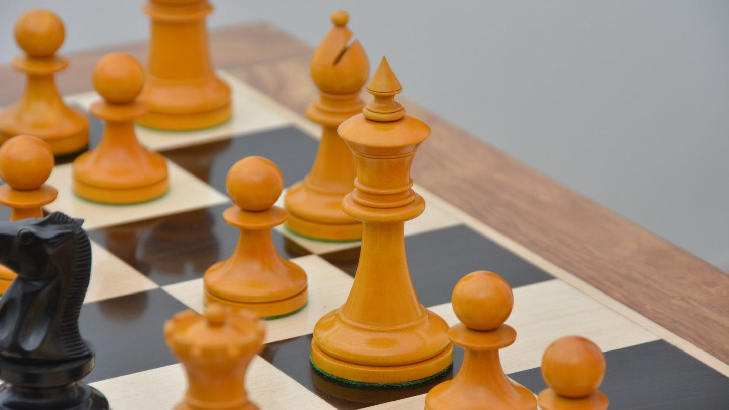 Combo of Reproduced 1904 Cambridge Springs International Congress Tournament Chess Pieces in Ebonized & Antiqued Boxwood - 4" King / Wooden Chess Board Ebony Sheesham Wood 23" - 60 mm