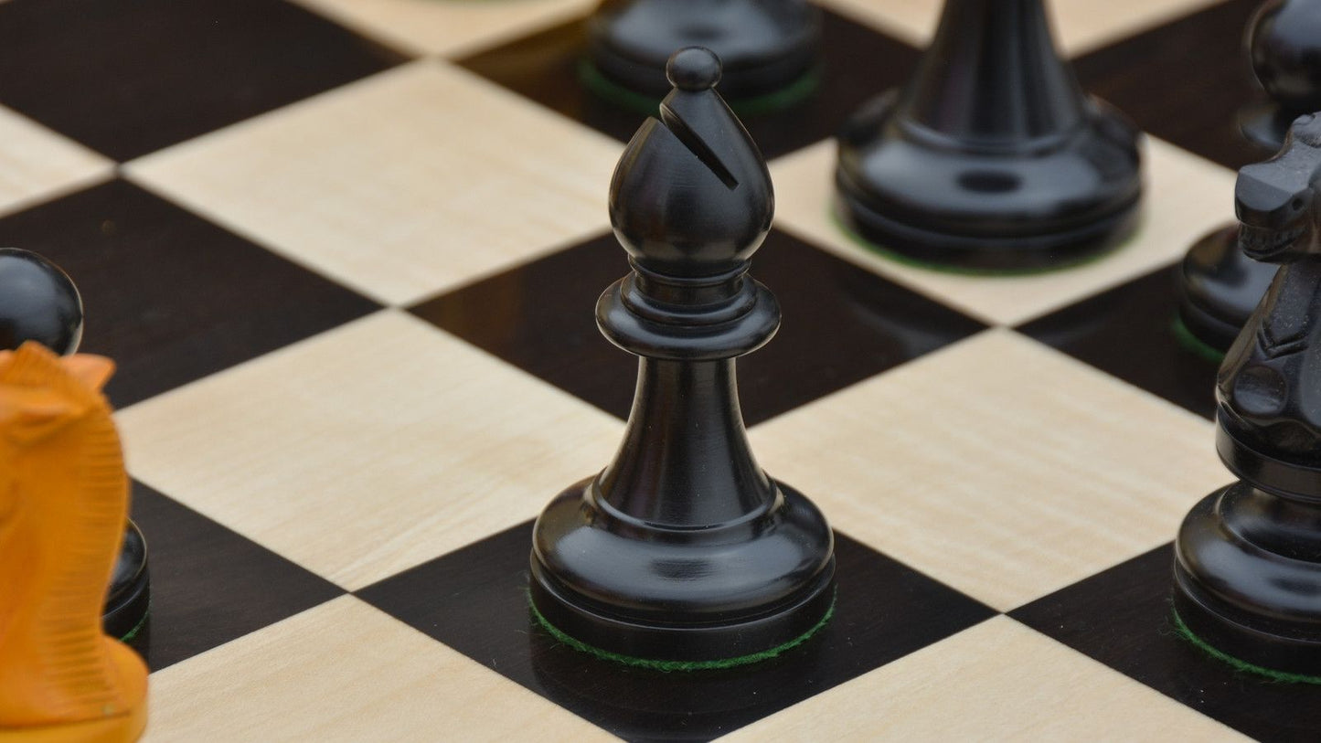Combo of Reproduced 1904 Cambridge Springs International Congress Tournament Chess Pieces in Ebonized & Antiqued Boxwood - 4" King / Wooden Chess Board Ebony Sheesham Wood 23" - 60 mm