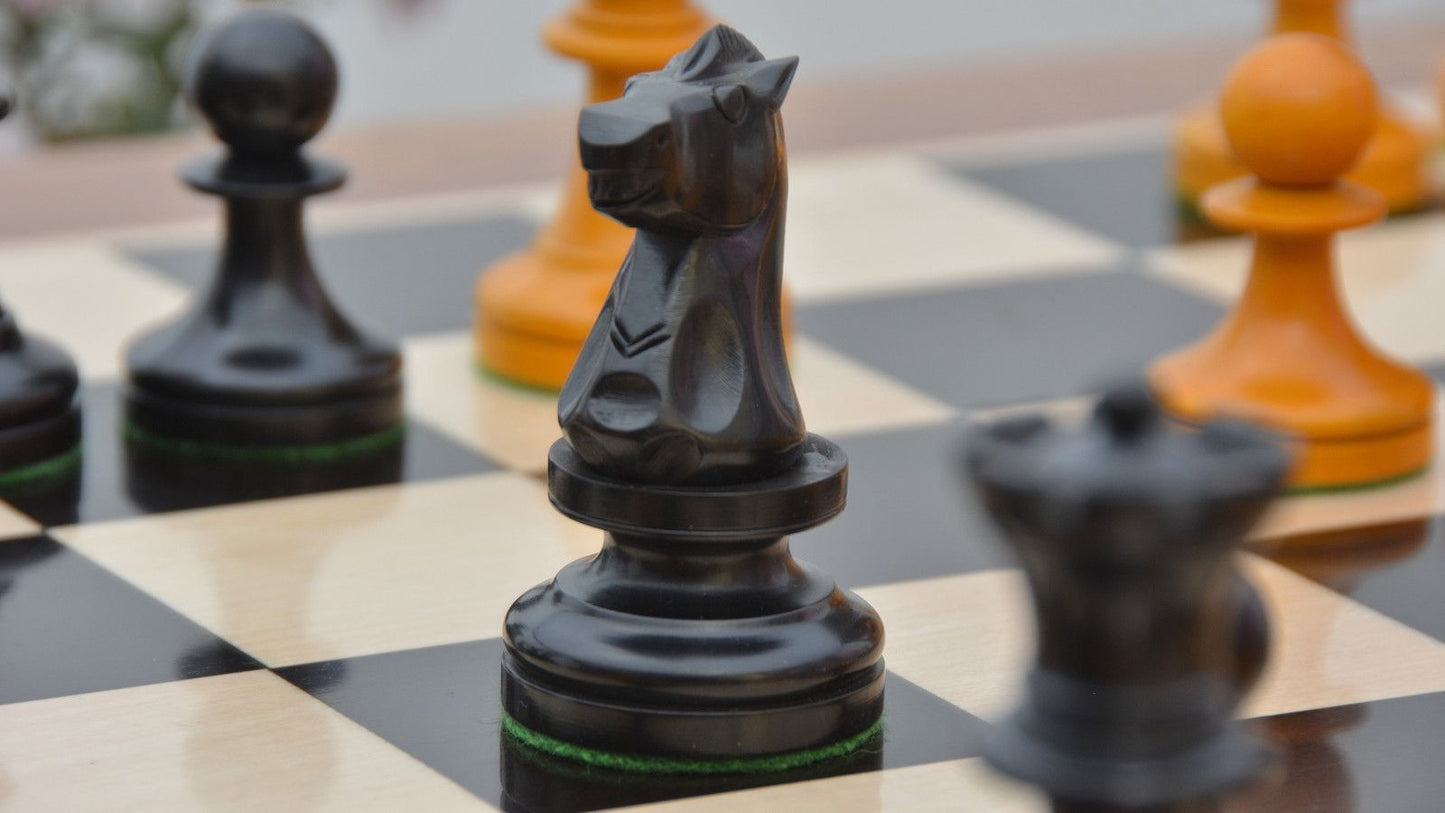 Combo of Reproduced 1904 Cambridge Springs International Congress Tournament Chess Pieces in Ebonized & Antiqued Boxwood - 4" King / Wooden Chess Board Ebony Sheesham Wood 23" - 60 mm