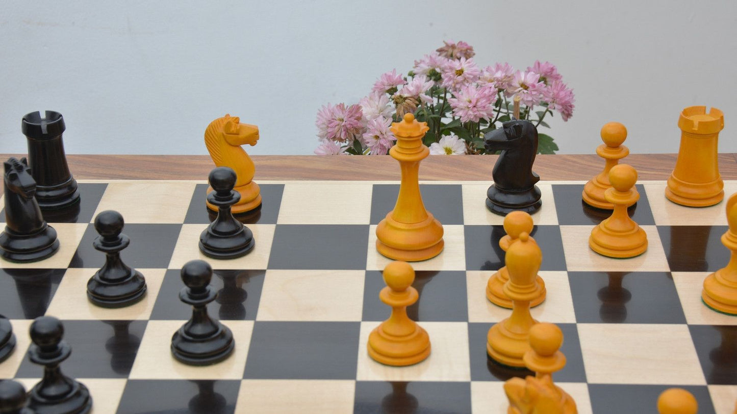 Repro B & Co 1860s Antique Chess Pieces in Ebony / Antiqued Boxwood - 4" King with Board